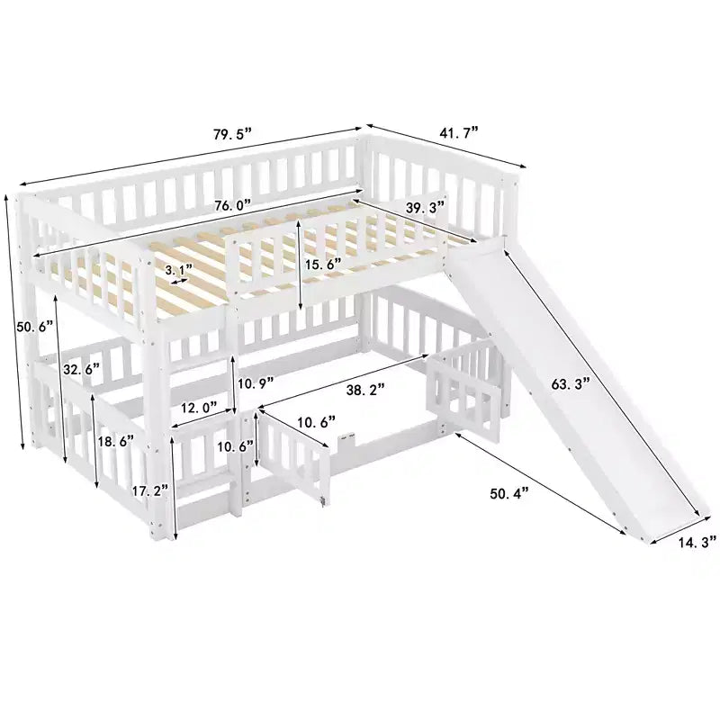 Twin Over Twin Wood Low Bunk Bed with Slide and Ladder-ModernLuxe