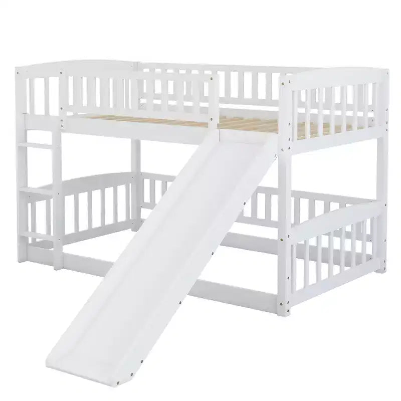 Twin Over Twin Wood Low Bunk Bed with Slide and Ladder-ModernLuxe