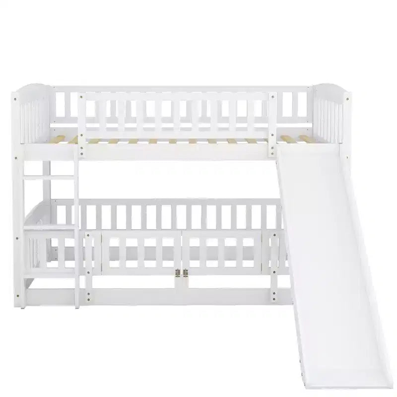Twin Over Twin Wood Low Bunk Bed with Slide and Ladder-ModernLuxe
