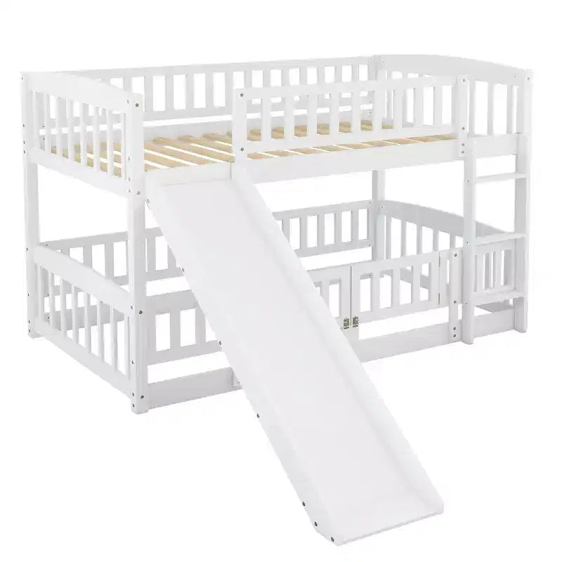 Twin Over Twin Wood Low Bunk Bed with Slide and Ladder-ModernLuxe