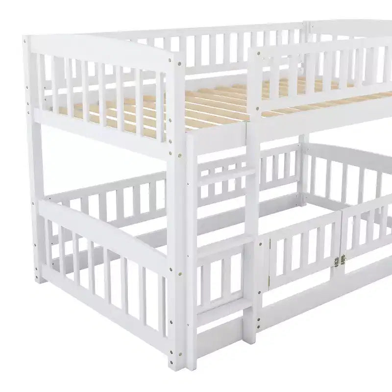 Twin Over Twin Wood Low Bunk Bed with Slide and Ladder-ModernLuxe