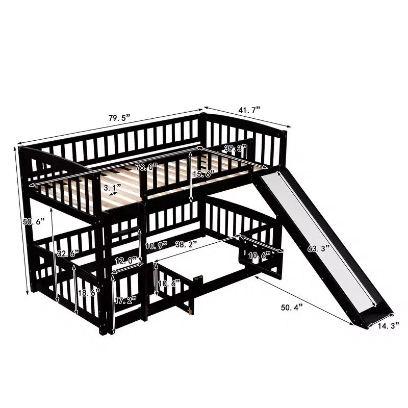 Twin Over Twin Wood Low Bunk Bed with Slide and Ladder-ModernLuxe