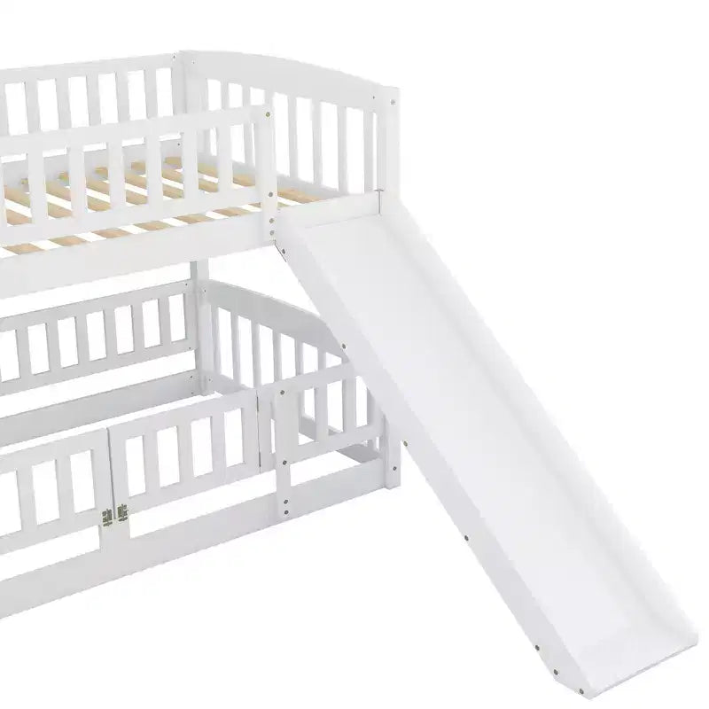 Twin Over Twin Wood Low Bunk Bed with Slide and Ladder-ModernLuxe