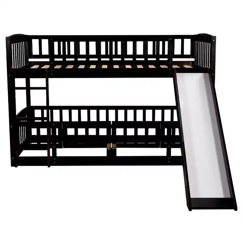 Twin Over Twin Wood Low Bunk Bed with Slide and Ladder-ModernLuxe