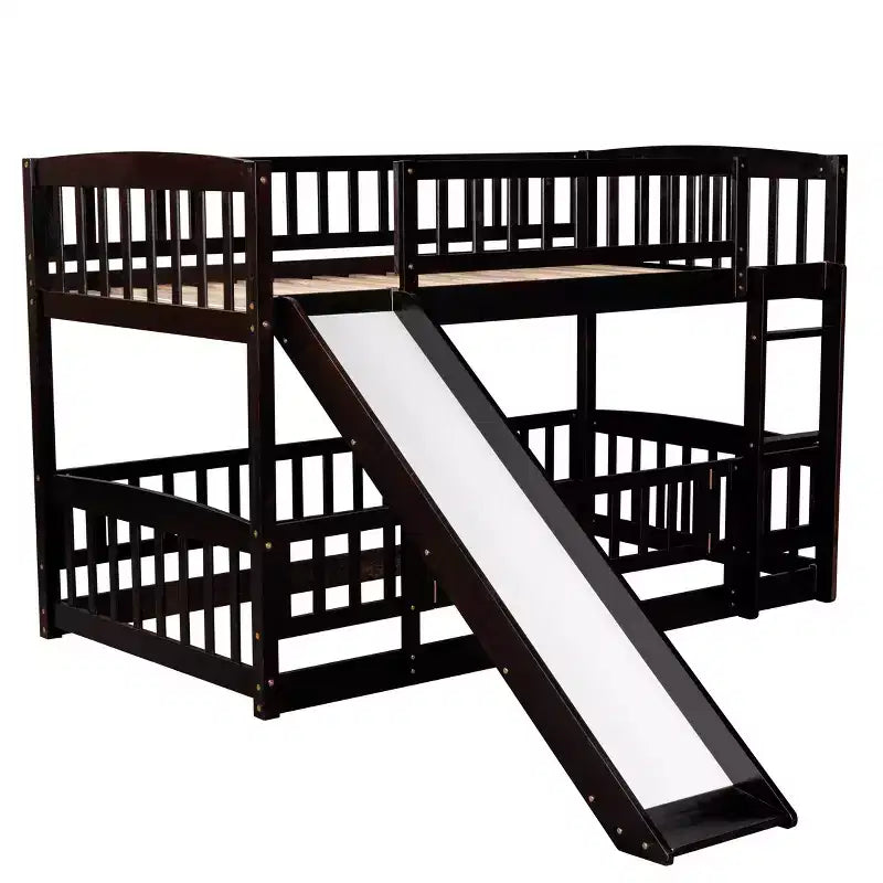 Twin Over Twin Wood Low Bunk Bed with Slide and Ladder-ModernLuxe