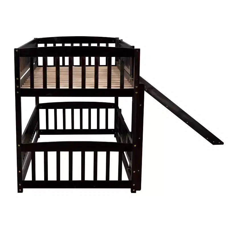Twin Over Twin Wood Low Bunk Bed with Slide and Ladder-ModernLuxe