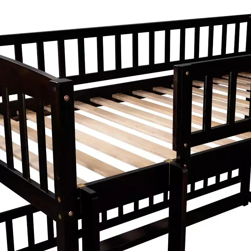 Twin Over Twin Wood Low Bunk Bed with Slide and Ladder-ModernLuxe