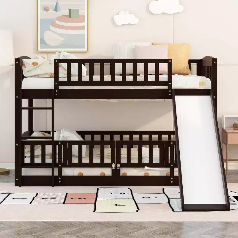 Twin Over Twin Wood Low Bunk Bed with Slide and Ladder-ModernLuxe