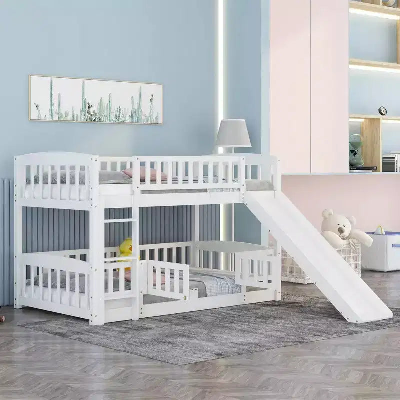 Twin Over Twin Wood Low Bunk Bed with Slide and Ladder-ModernLuxe