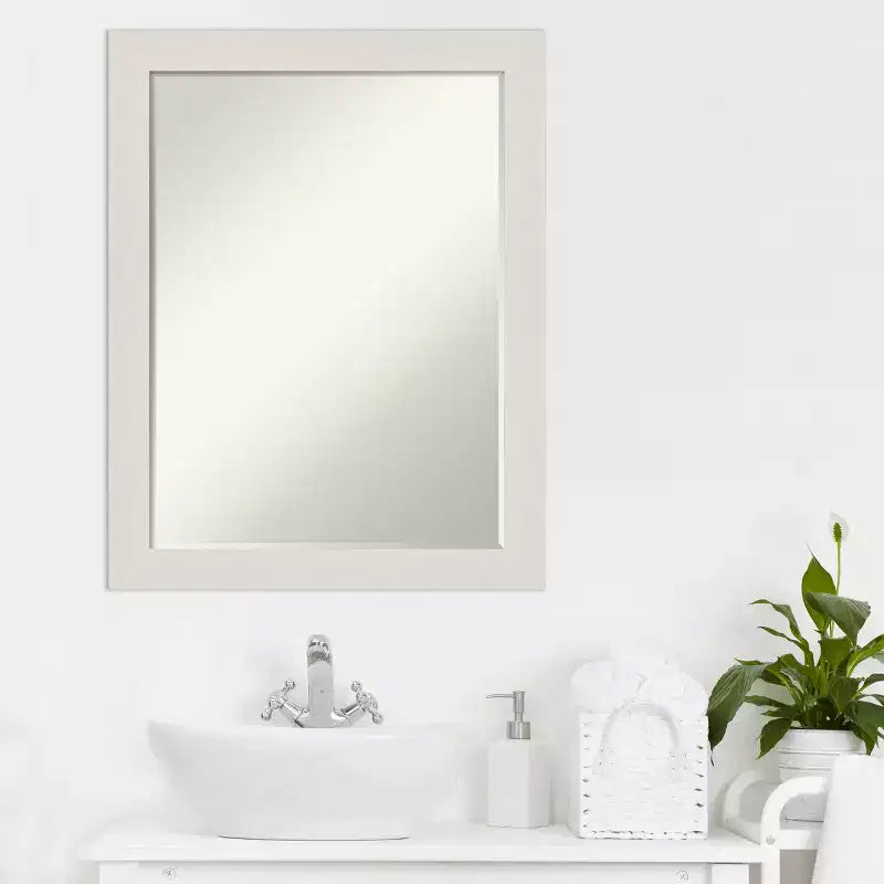 Amanti Art Rustic Plank White Narrow Petite Bevel Bathroom Wall Mirror 27.5 x 21.5 in.