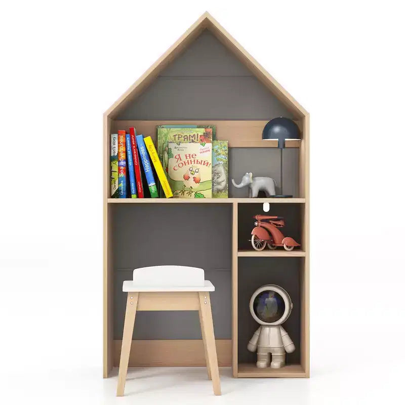 Costway Kids House-Shaped Table & Chair Set Wooden Toy Organizer Cabinet with Blackboard Grey/White