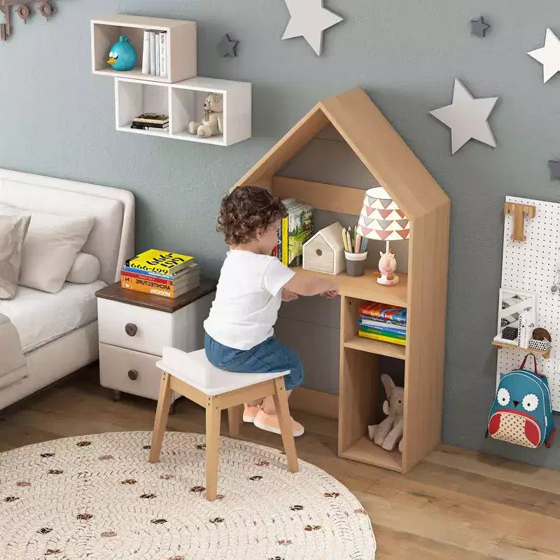 Costway Kids House-Shaped Table & Chair Set Wooden Toy Organizer Cabinet with Blackboard Grey/White