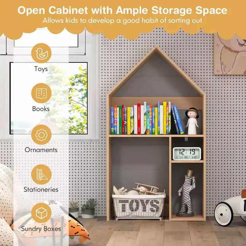 Costway Kids House-Shaped Table & Chair Set Wooden Toy Organizer Cabinet with Blackboard Grey/White