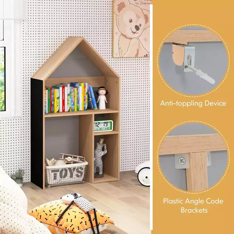 Costway Kids House-Shaped Table & Chair Set Wooden Toy Organizer Cabinet with Blackboard Grey/White