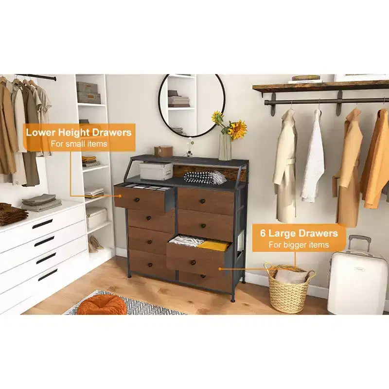 REAHOME 8 Drawer Steel Frame Wood Top Storage Organizer Dresser for Closet, Living Room, and Entryway with 2 Additional Drawer Organizers