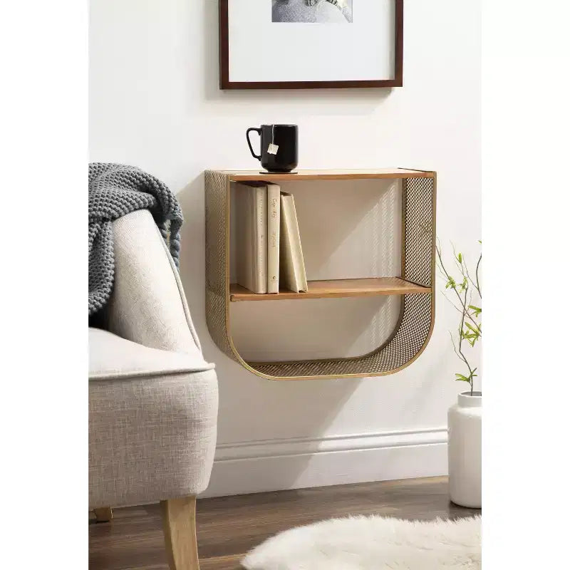 Kate and Laurel Urso Arch Wood Floating Side Table, 20x7x19, Natural and Gold