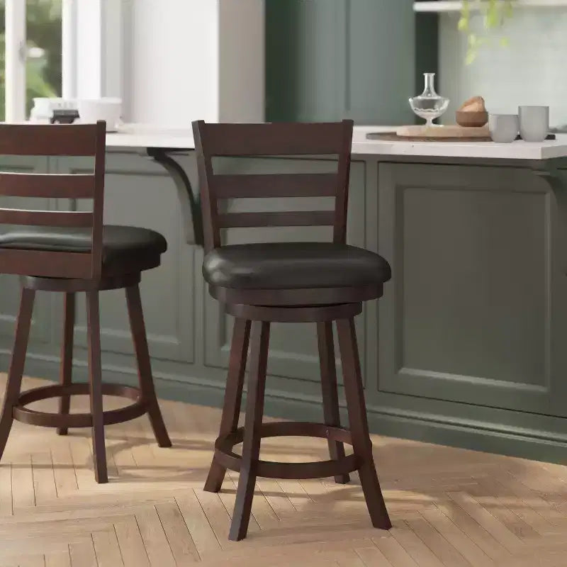 Flash Furniture Zerrick Commercial Grade Wood Classic Ladderback Swivel Counter Height Barstool with Padded, Upholstered Seat