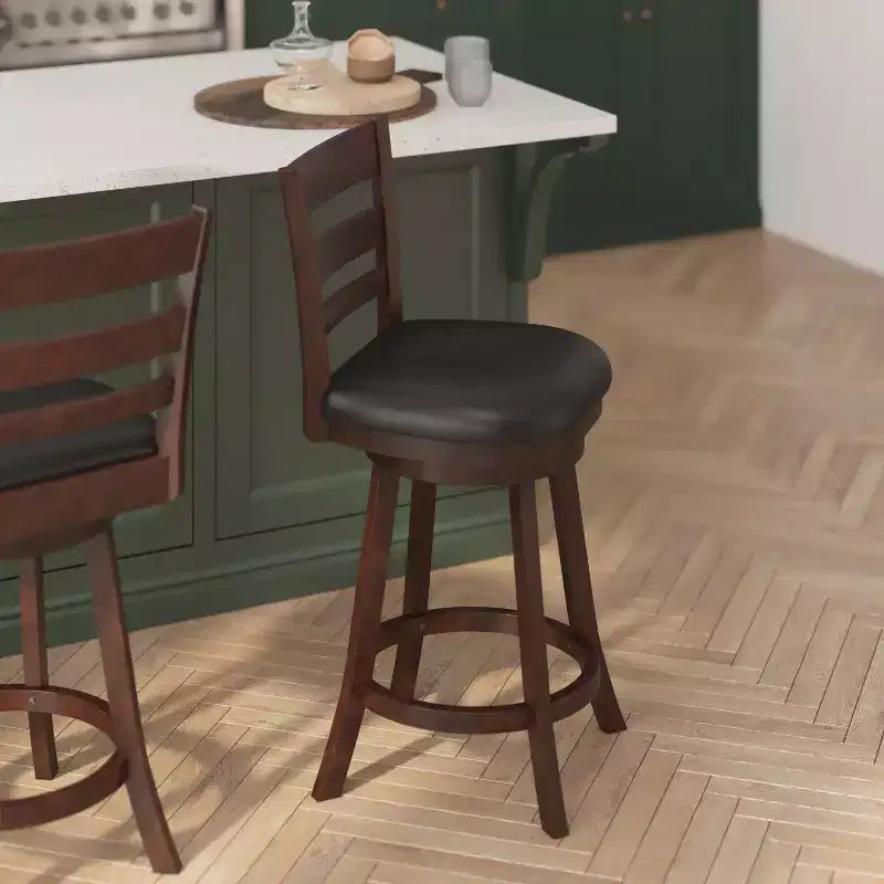 Flash Furniture Zerrick Commercial Grade Wood Classic Ladderback Swivel Counter Height Barstool with Padded, Upholstered Seat