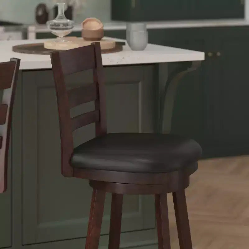 Flash Furniture Zerrick Commercial Grade Wood Classic Ladderback Swivel Counter Height Barstool with Padded, Upholstered Seat