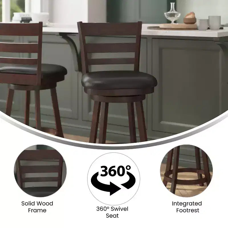 Flash Furniture Zerrick Commercial Grade Wood Classic Ladderback Swivel Counter Height Barstool with Padded, Upholstered Seat