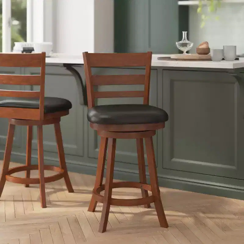 Flash Furniture Zerrick Commercial Grade Wood Classic Ladderback Swivel Counter Height Barstool with Padded, Upholstered Seat
