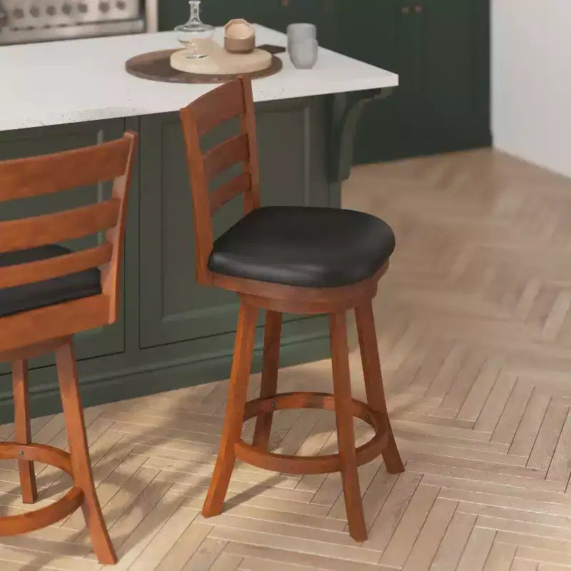 Flash Furniture Zerrick Commercial Grade Wood Classic Ladderback Swivel Counter Height Barstool with Padded, Upholstered Seat