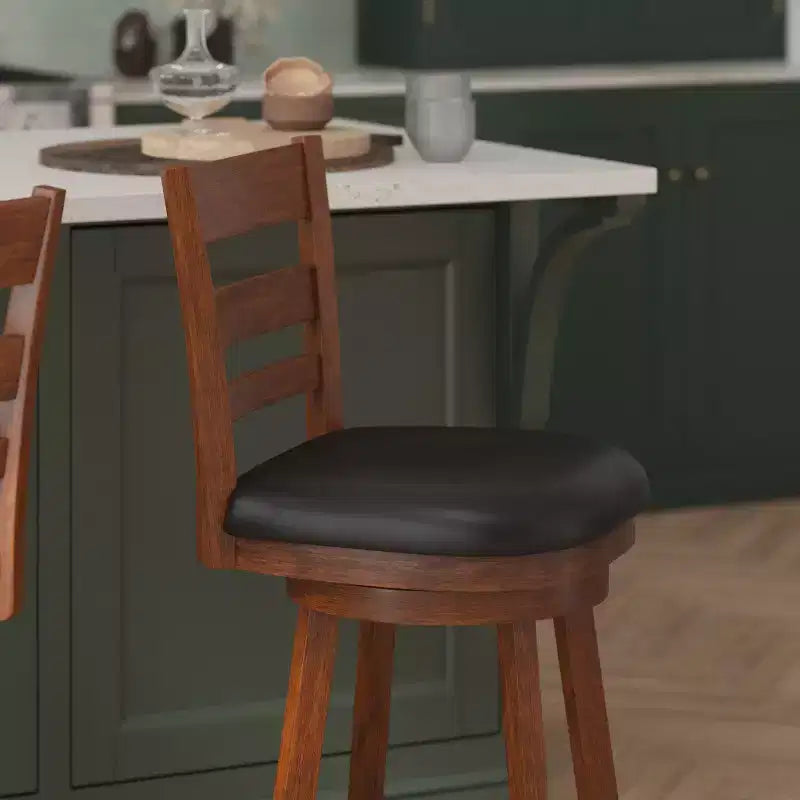 Flash Furniture Zerrick Commercial Grade Wood Classic Ladderback Swivel Counter Height Barstool with Padded, Upholstered Seat