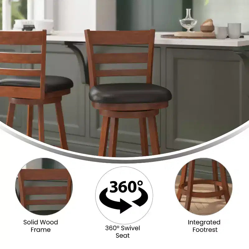 Flash Furniture Zerrick Commercial Grade Wood Classic Ladderback Swivel Counter Height Barstool with Padded, Upholstered Seat