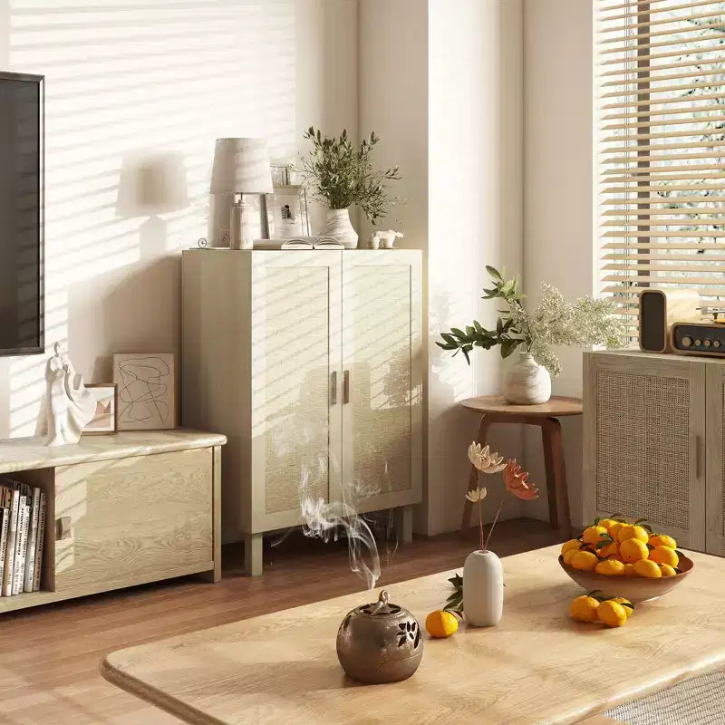 HOMCOM Buffet Cabinet, Storage Cabinet, Sideboard Floor Accent Cabinet with Rattan Doors and Adjustable Shelves for Living Room, Natural
