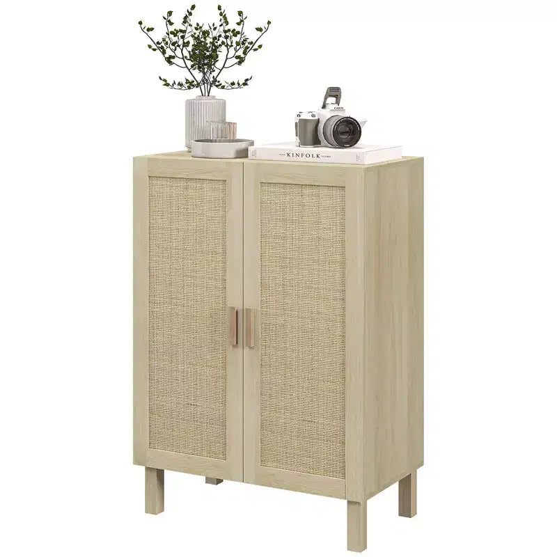 HOMCOM Buffet Cabinet, Storage Cabinet, Sideboard Floor Accent Cabinet with Rattan Doors and Adjustable Shelves for Living Room, Natural