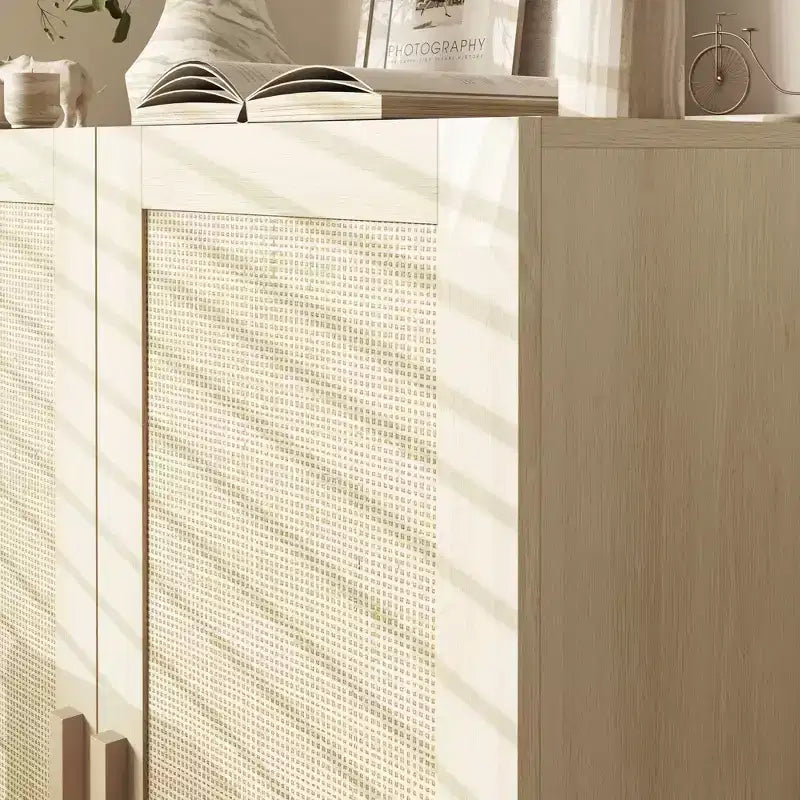 HOMCOM Buffet Cabinet, Storage Cabinet, Sideboard Floor Accent Cabinet with Rattan Doors and Adjustable Shelves for Living Room, Natural