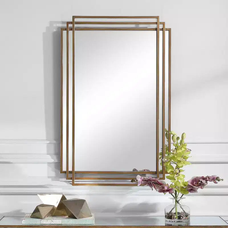 Uttermost Rectangular Vanity Decorative Wall Mirror Modern Distressed Brushed Gold Solid Iron Frame 23 3/4 Wide for Bathroom