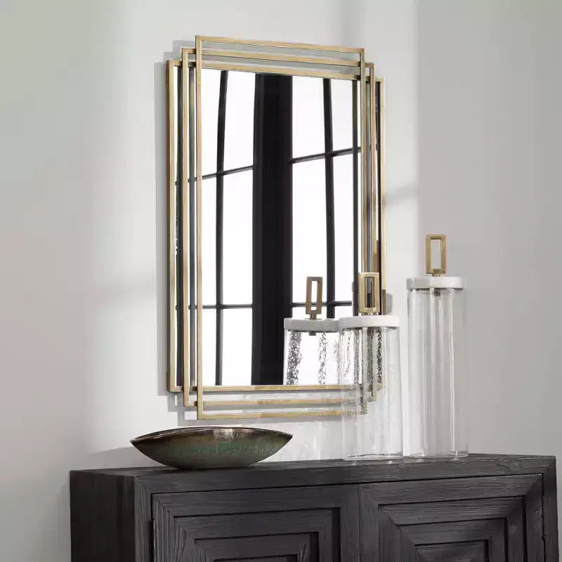 Uttermost Rectangular Vanity Decorative Wall Mirror Modern Distressed Brushed Gold Solid Iron Frame 23 3/4 Wide for Bathroom