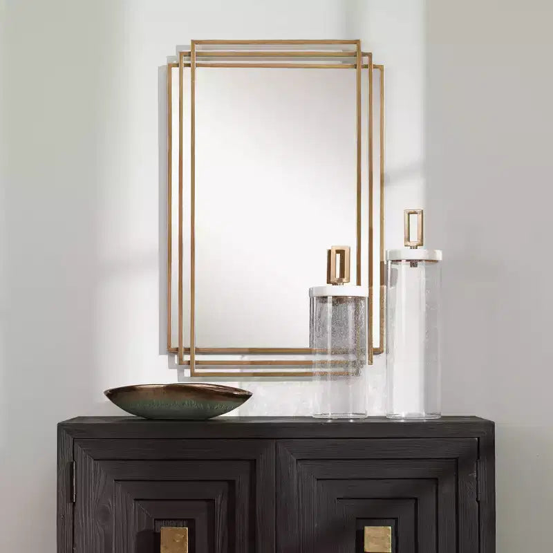 Uttermost Rectangular Vanity Decorative Wall Mirror Modern Distressed Brushed Gold Solid Iron Frame 23 3/4 Wide for Bathroom