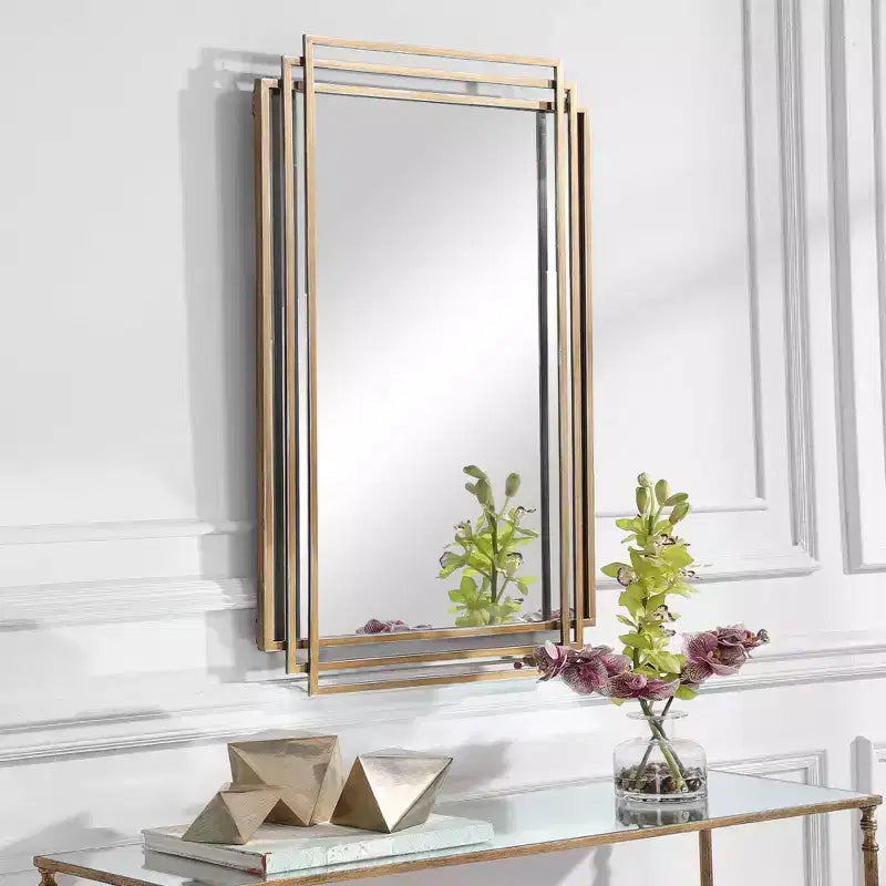 Uttermost Rectangular Vanity Decorative Wall Mirror Modern Distressed Brushed Gold Solid Iron Frame 23 3/4 Wide for Bathroom