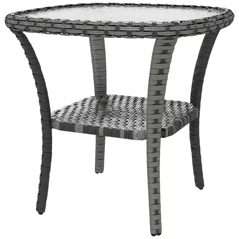 Outsunny Rattan Coffee Table with Storage Shelf, Hand-Woven Wicker Outdoor Side Table with Water-Ripple Glass Top