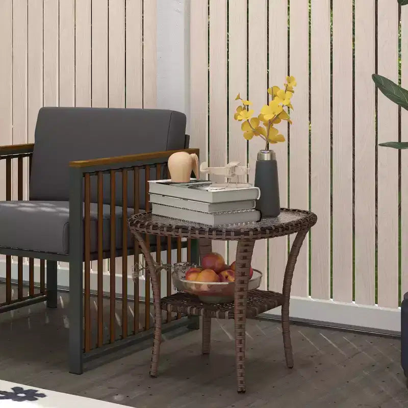 Outsunny Rattan Coffee Table with Storage Shelf, Hand-Woven Wicker Outdoor Side Table with Water-Ripple Glass Top