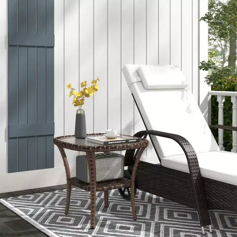 Outsunny Rattan Coffee Table with Storage Shelf, Hand-Woven Wicker Outdoor Side Table with Water-Ripple Glass Top