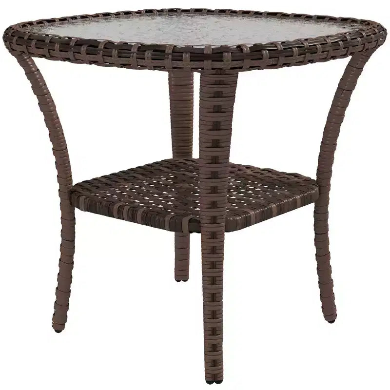 Outsunny Rattan Coffee Table with Storage Shelf, Hand-Woven Wicker Outdoor Side Table with Water-Ripple Glass Top