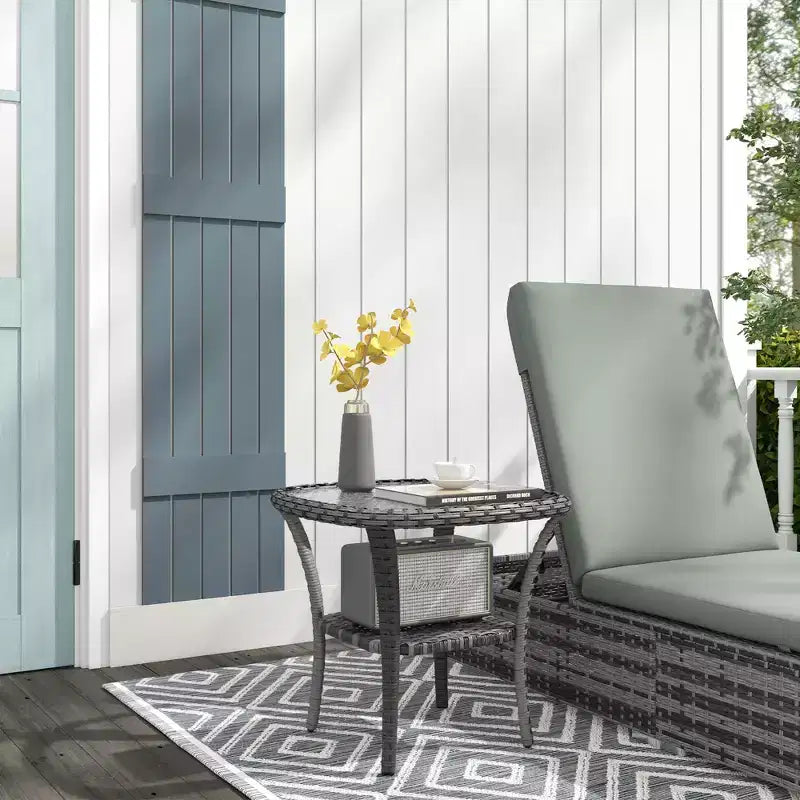 Outsunny Rattan Coffee Table with Storage Shelf, Hand-Woven Wicker Outdoor Side Table with Water-Ripple Glass Top