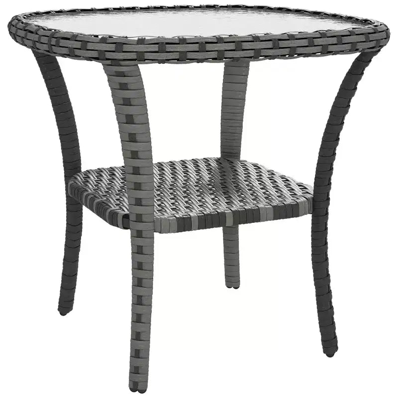 Outsunny Rattan Coffee Table with Storage Shelf, Hand-Woven Wicker Outdoor Side Table with Water-Ripple Glass Top