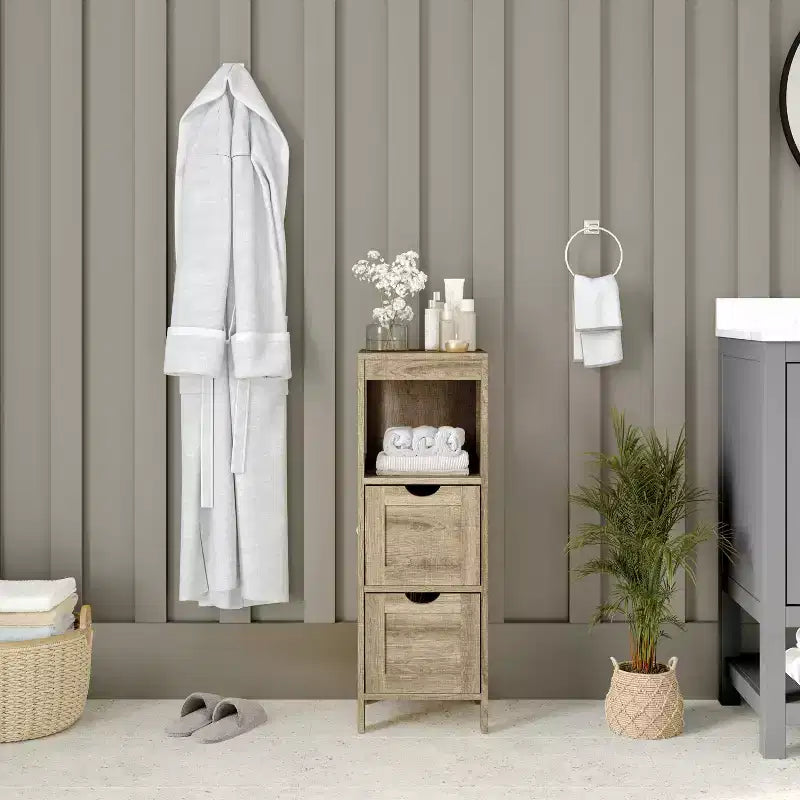 Emma and Oliver Bathroom Storage Organizer with Open Display Shelf and Two Removable Drawers