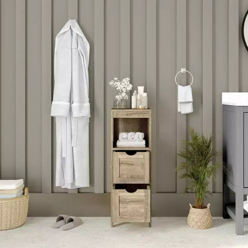 Emma and Oliver Bathroom Storage Organizer with Open Display Shelf and Two Removable Drawers