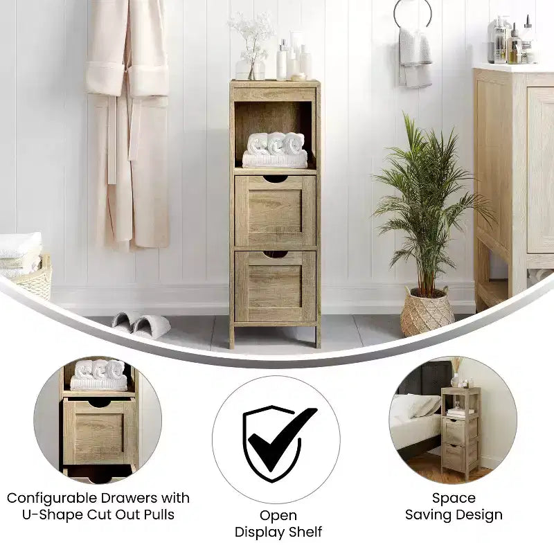 Emma and Oliver Bathroom Storage Organizer with Open Display Shelf and Two Removable Drawers