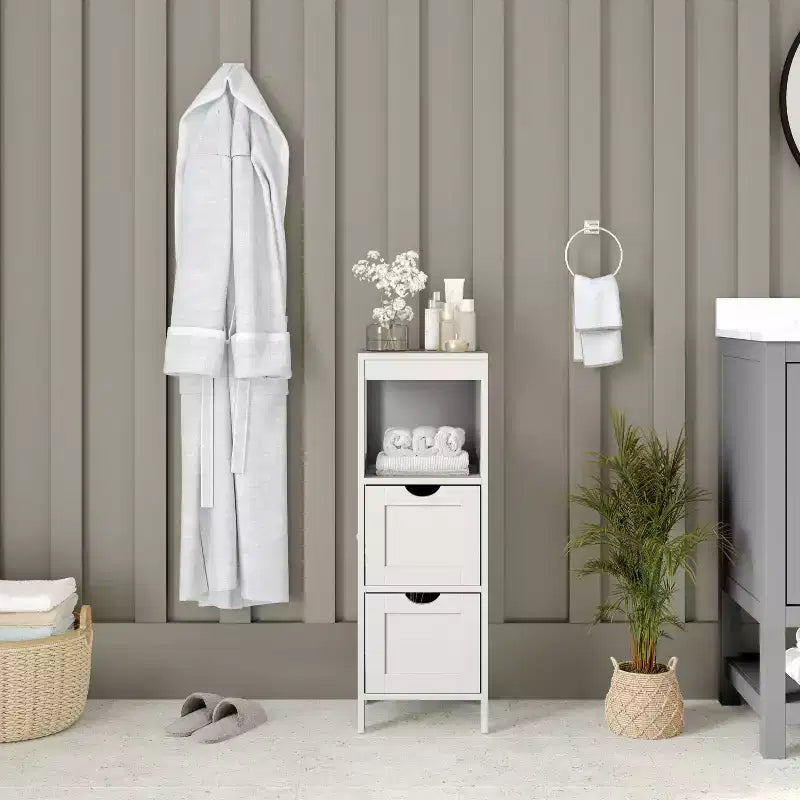 Emma and Oliver Bathroom Storage Organizer with Open Display Shelf and Two Removable Drawers