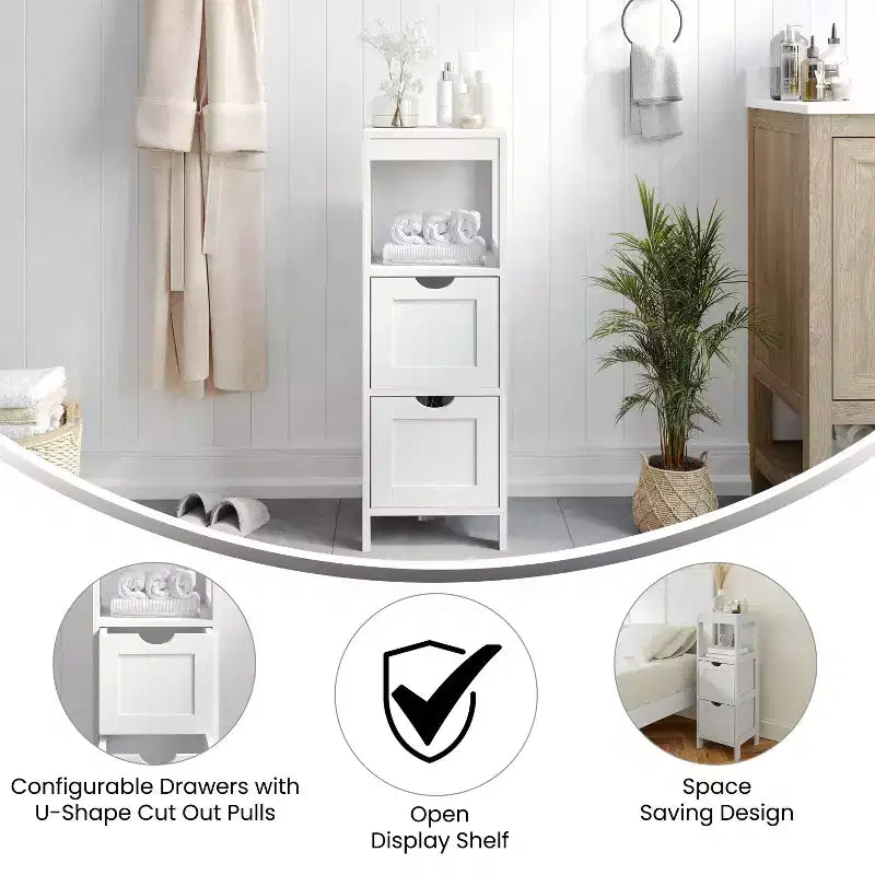 Emma and Oliver Bathroom Storage Organizer with Open Display Shelf and Two Removable Drawers