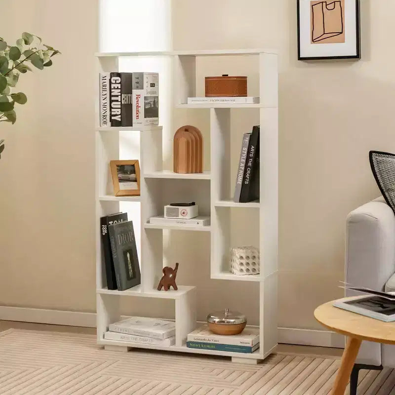 Costway 47 Tall Bookshelf Modern Geometric Bookcase with Open Shelves Anti-tipping Kits White/Black&Natural