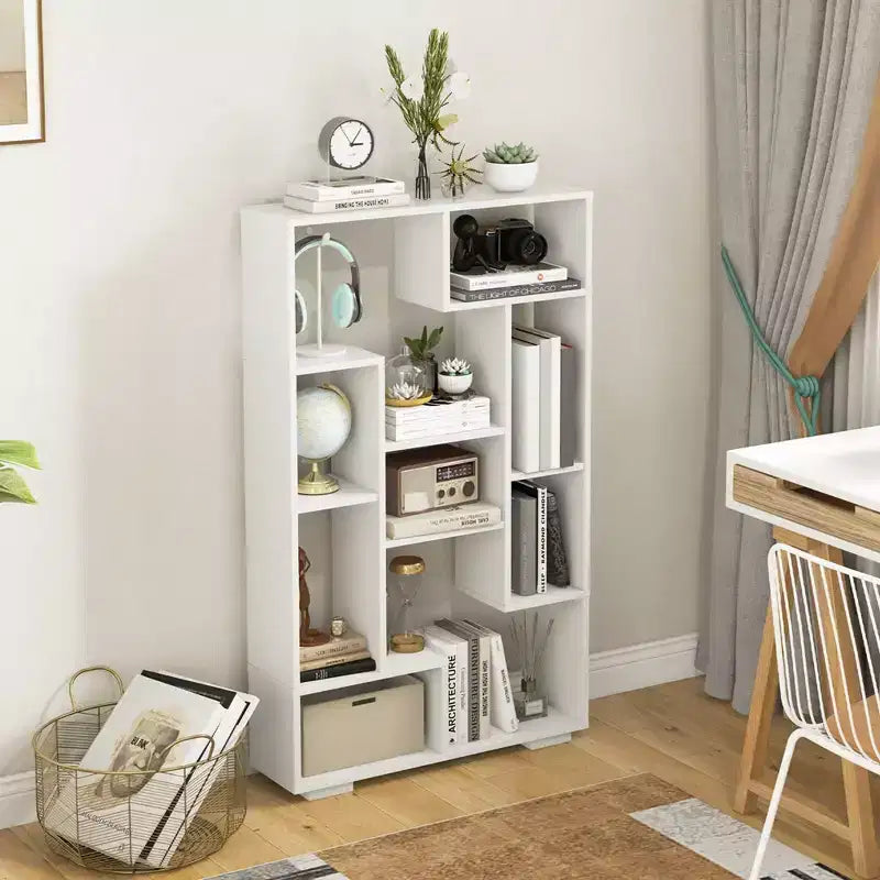 Costway 47 Tall Bookshelf Modern Geometric Bookcase with Open Shelves Anti-tipping Kits White/Black&Natural