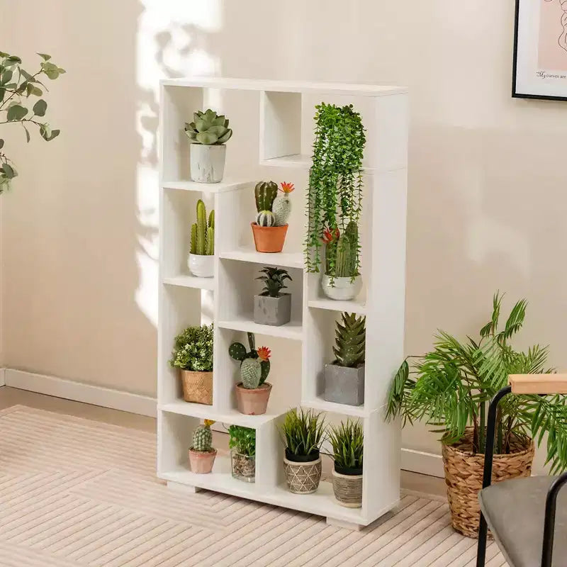 Costway 47 Tall Bookshelf Modern Geometric Bookcase with Open Shelves Anti-tipping Kits White/Black&Natural