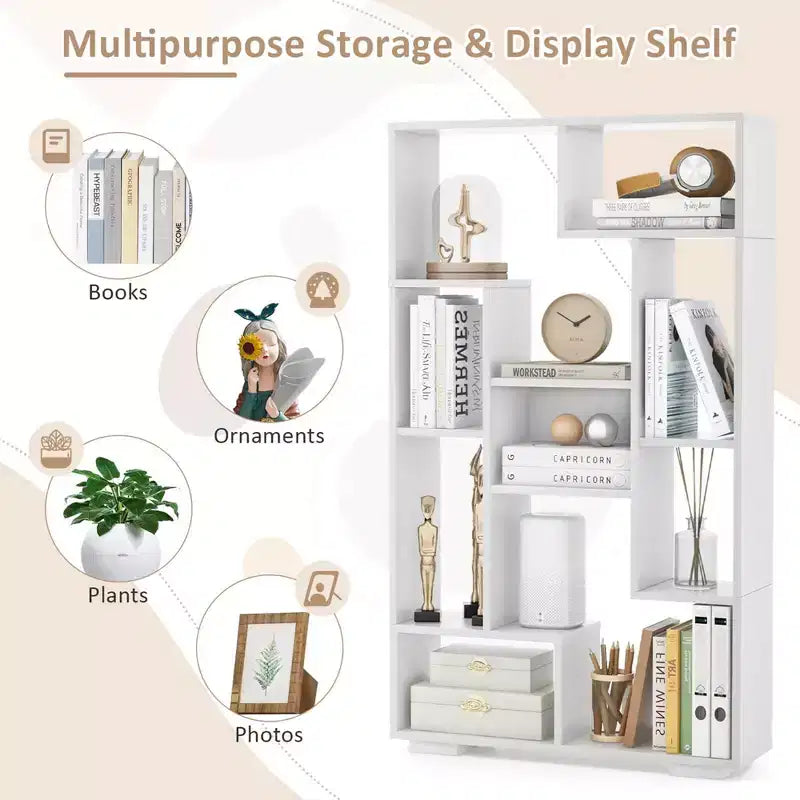 Costway 47 Tall Bookshelf Modern Geometric Bookcase with Open Shelves Anti-tipping Kits White/Black&Natural